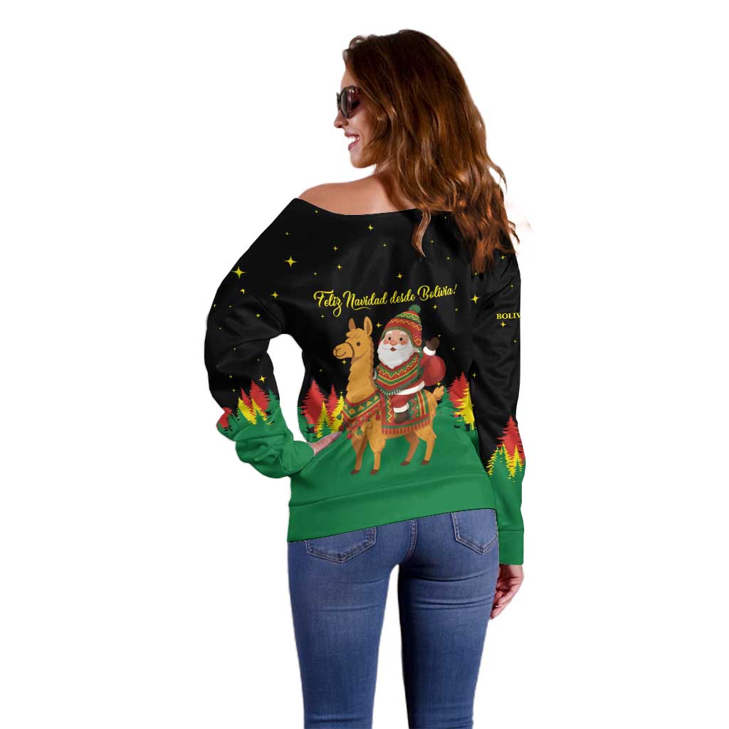 Bolivia Christmas Off Shoulder Sweater with Santa Claus Llama Andean Outfit and Festive Tree Design - Wonder Print Shop