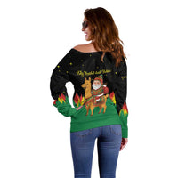 Bolivia Christmas Off Shoulder Sweater with Santa Claus Llama Andean Outfit and Festive Tree Design - Wonder Print Shop