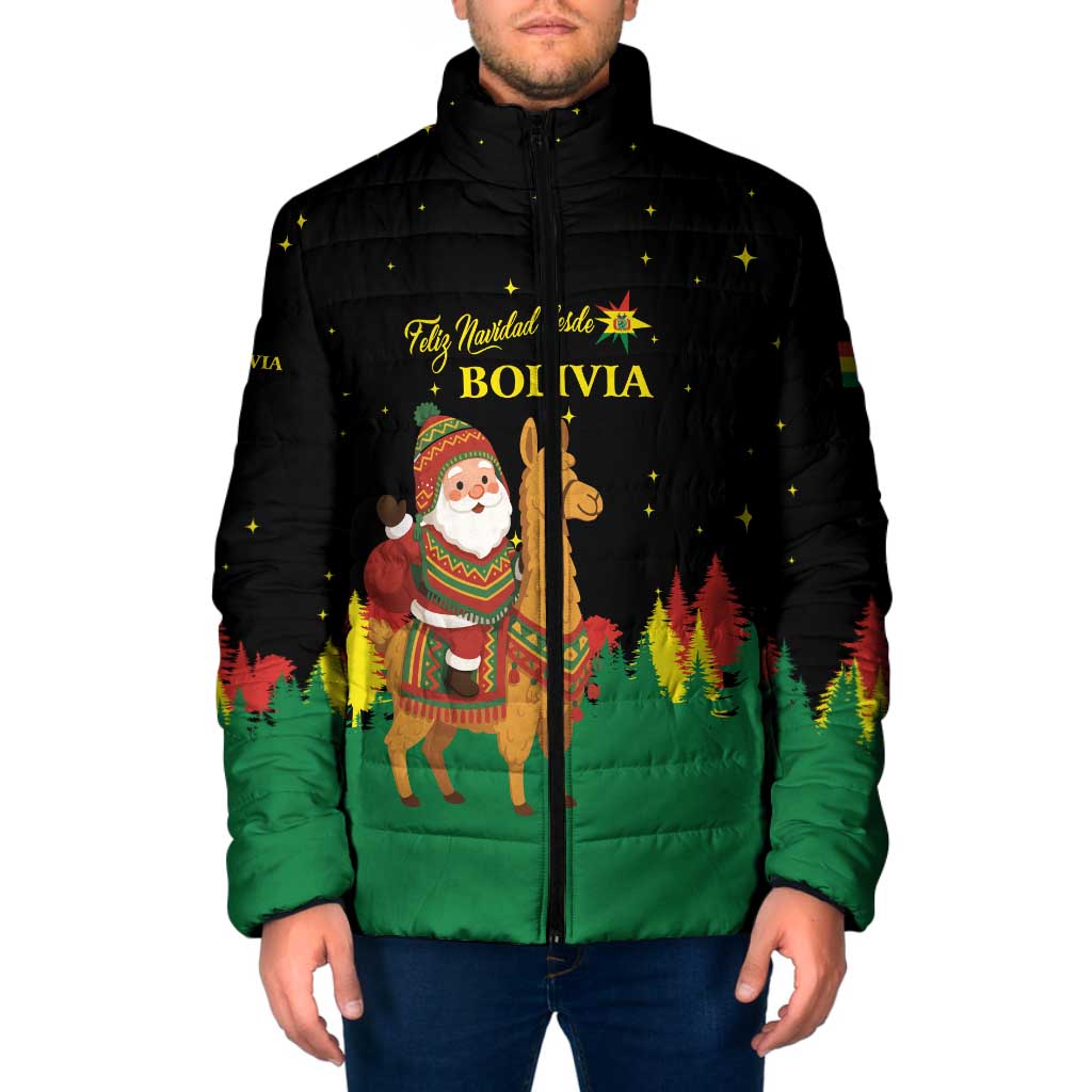 Bolivia Christmas Padded Jacket with Santa Claus Llama Andean Outfit and Festive Tree Design - Wonder Print Shop