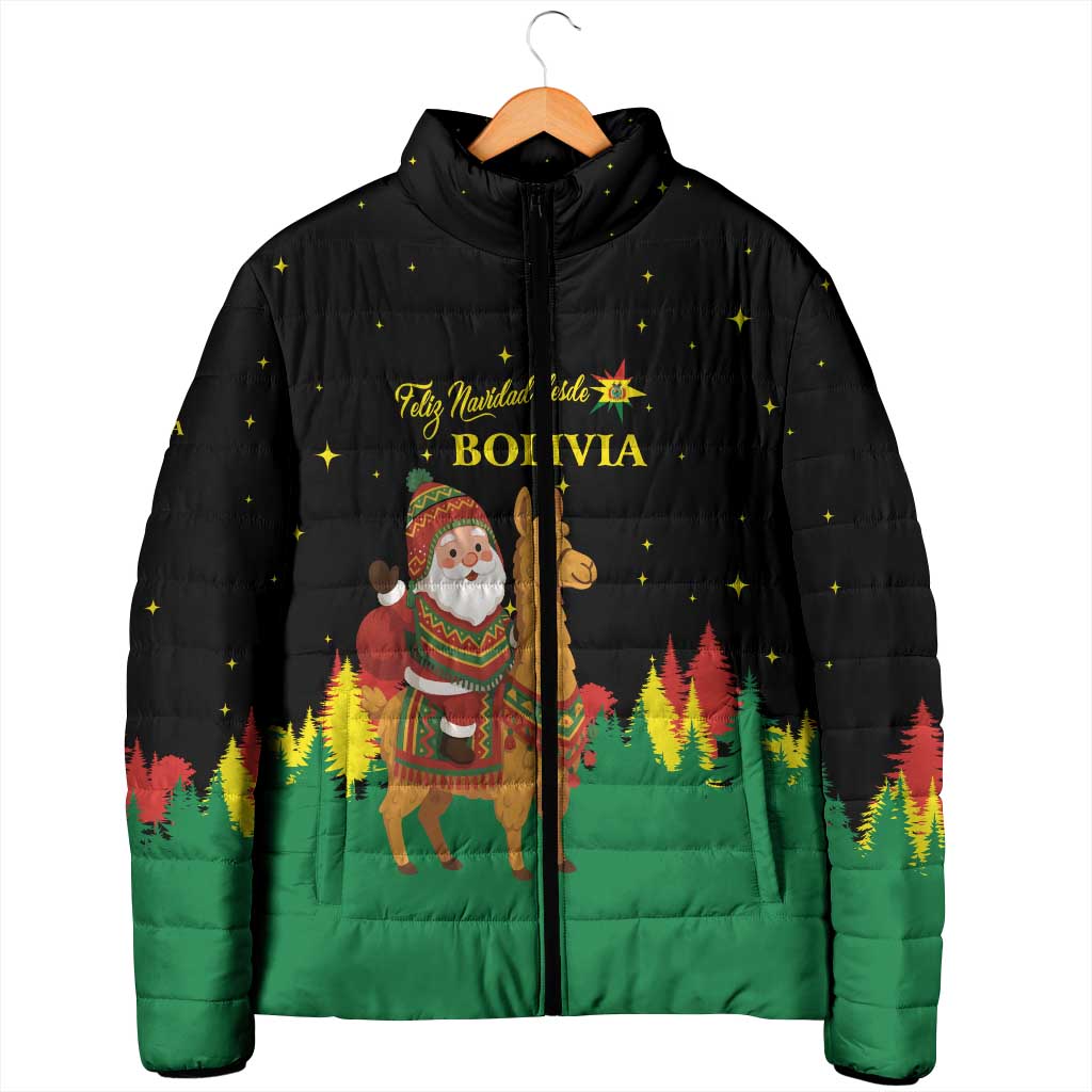 Bolivia Christmas Padded Jacket with Santa Claus Llama Andean Outfit and Festive Tree Design - Wonder Print Shop