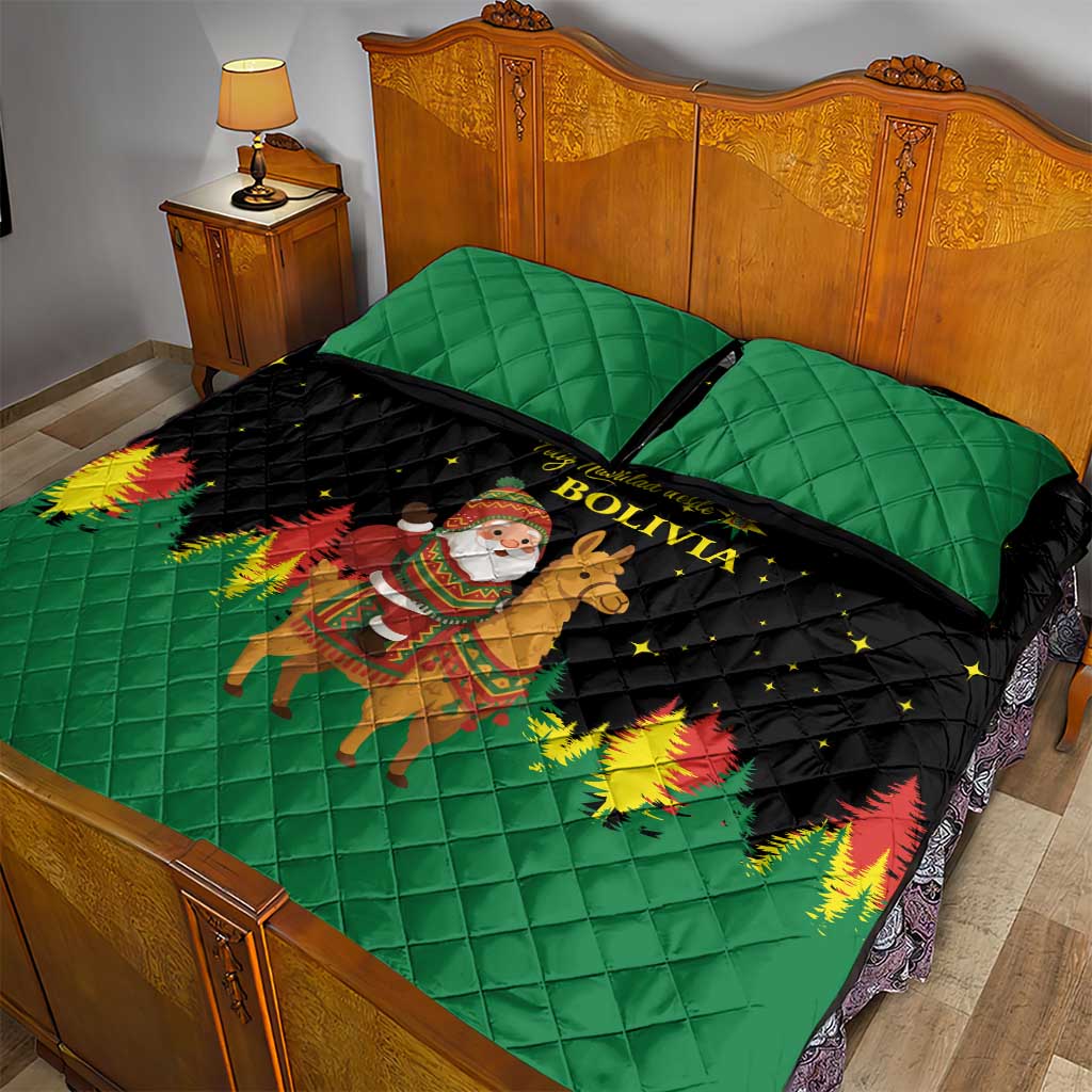 Bolivia Christmas Quilt Bed Set with Santa Claus Llama Andean Outfit and Festive Tree Design - Wonder Print Shop