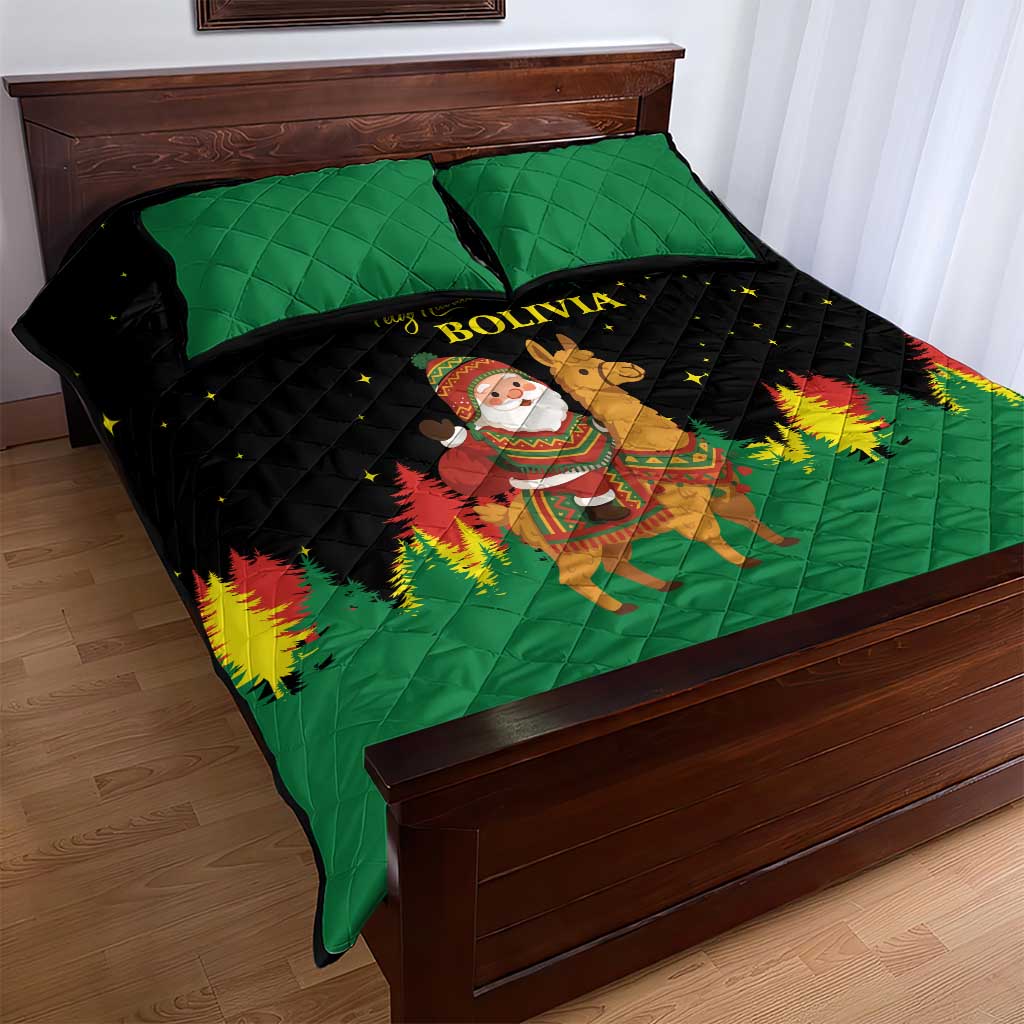 Bolivia Christmas Quilt Bed Set with Santa Claus Llama Andean Outfit and Festive Tree Design - Wonder Print Shop