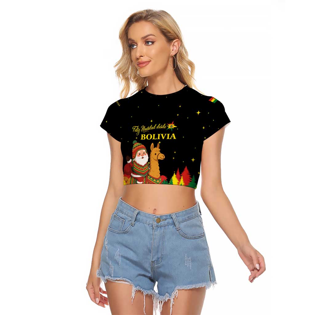 Bolivia Christmas Raglan Cropped T Shirt with Santa Claus Llama Andean Outfit and Festive Tree Design - Wonder Print Shop