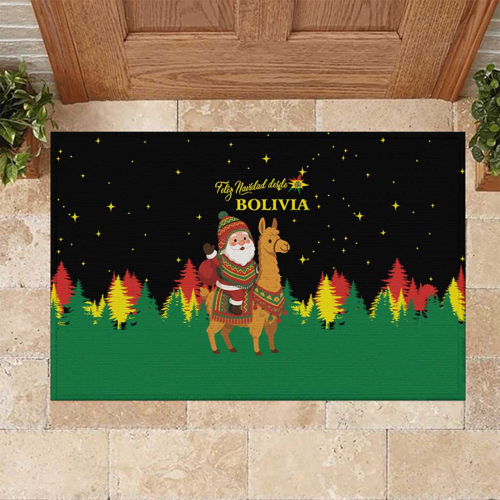 Bolivia Christmas Rubber Doormat with Santa Claus Llama Andean Outfit and Festive Tree Design - Wonder Print Shop