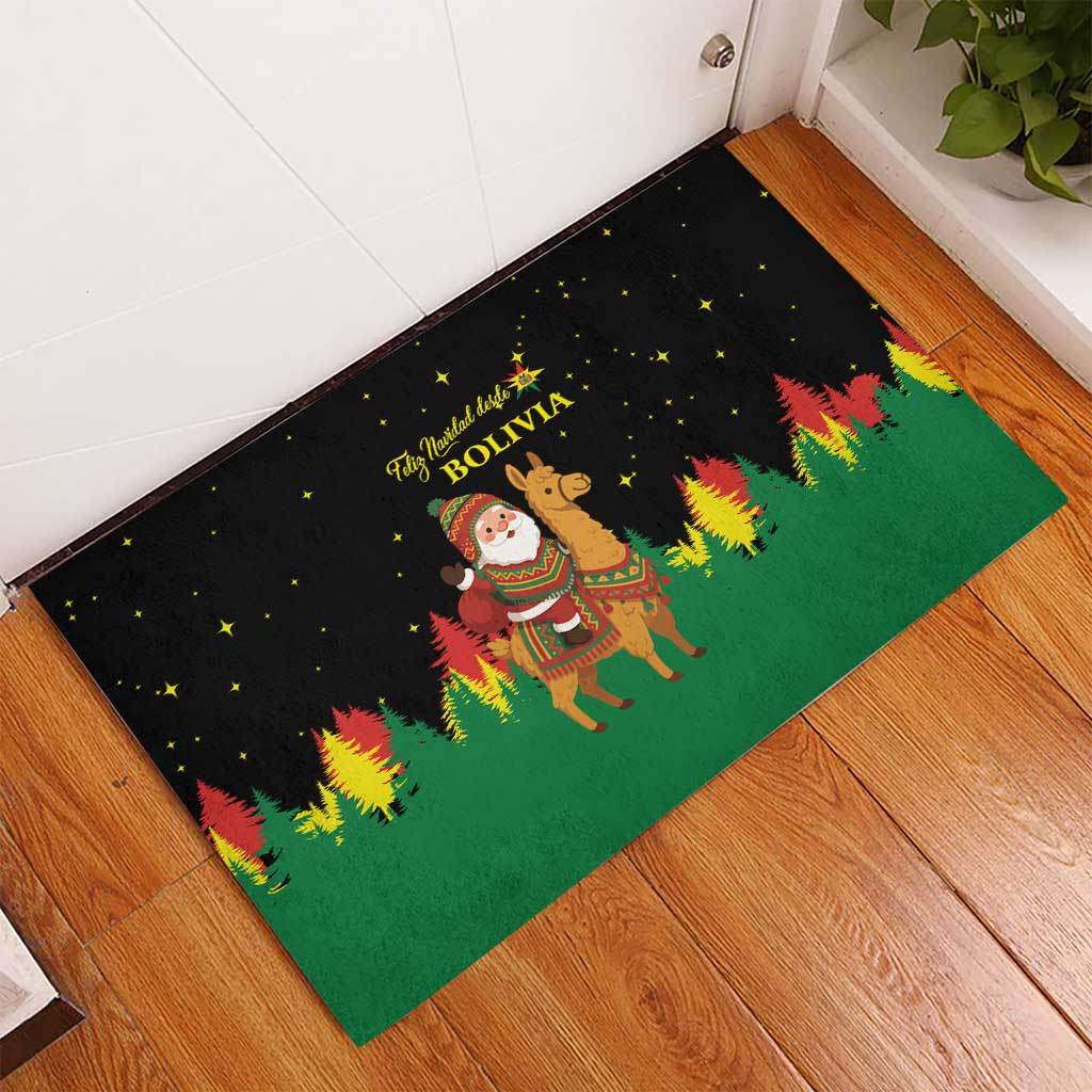Bolivia Christmas Rubber Doormat with Santa Claus Llama Andean Outfit and Festive Tree Design - Wonder Print Shop