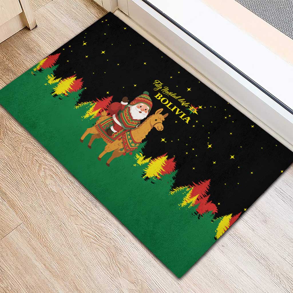 Bolivia Christmas Rubber Doormat with Santa Claus Llama Andean Outfit and Festive Tree Design - Wonder Print Shop