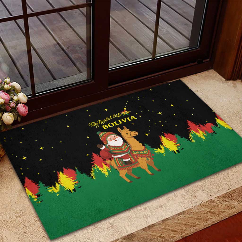 Bolivia Christmas Rubber Doormat with Santa Claus Llama Andean Outfit and Festive Tree Design - Wonder Print Shop