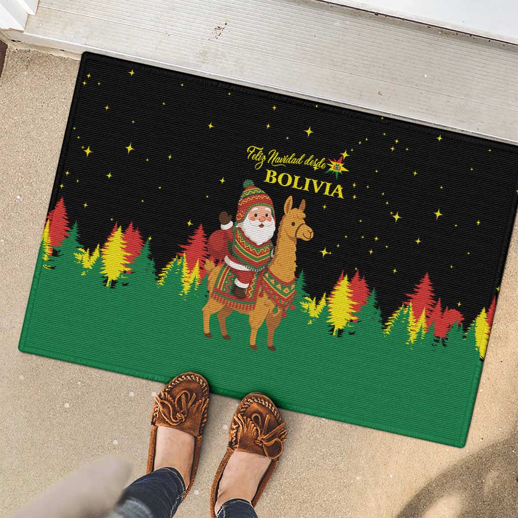 Bolivia Christmas Rubber Doormat with Santa Claus Llama Andean Outfit and Festive Tree Design - Wonder Print Shop