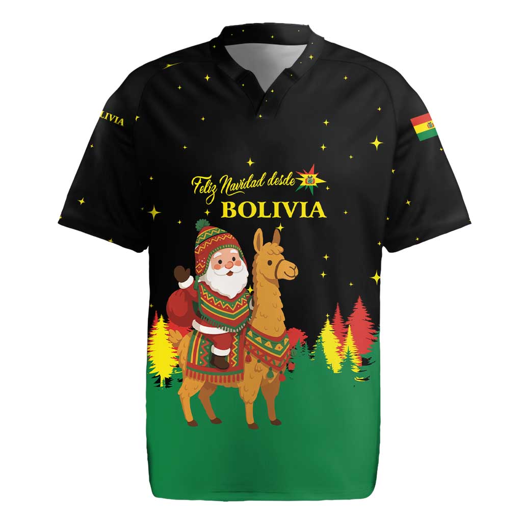 Bolivia Christmas Rugby Jersey with Santa Claus Llama Andean Outfit and Festive Tree Design - Wonder Print Shop