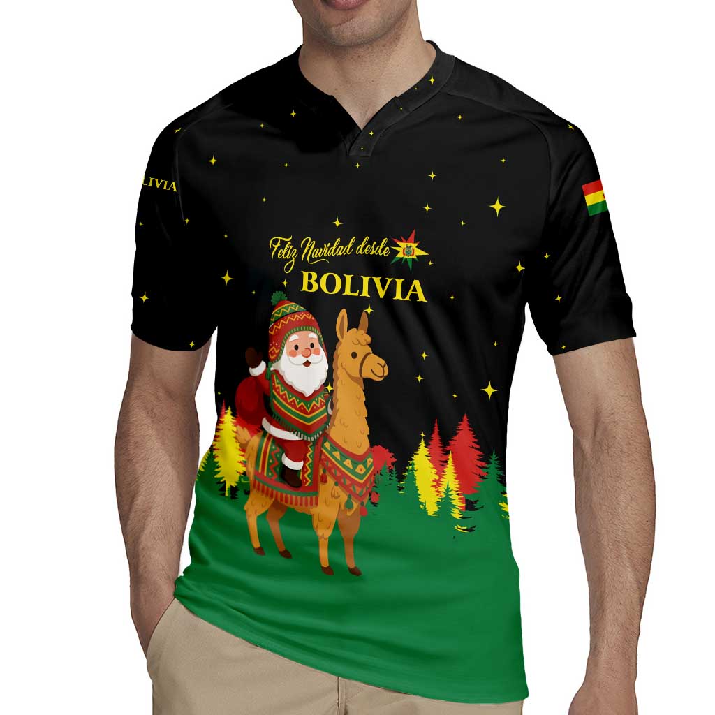 Bolivia Christmas Rugby Jersey with Santa Claus Llama Andean Outfit and Festive Tree Design - Wonder Print Shop