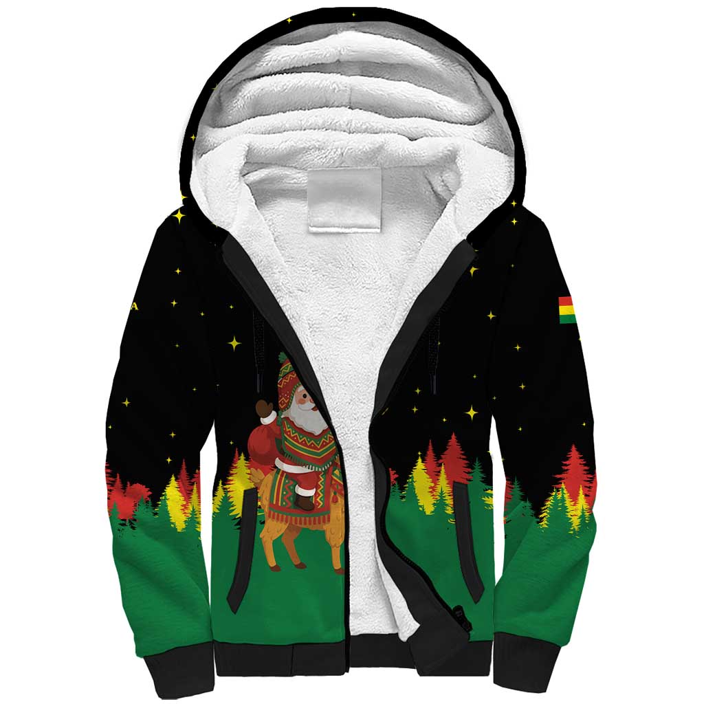 Bolivia Christmas Sherpa Hoodie with Santa Claus Llama Andean Outfit and Festive Tree Design - Wonder Print Shop