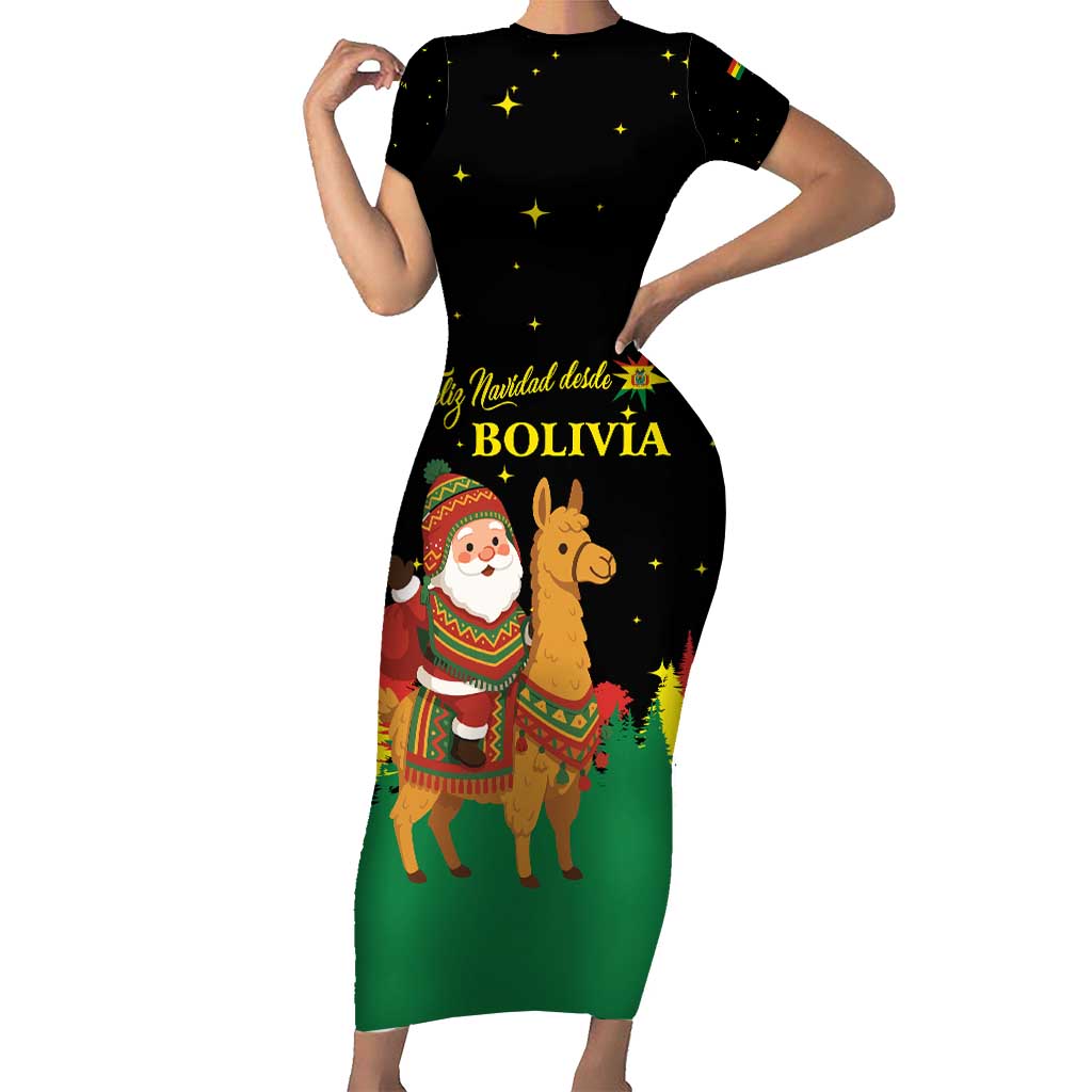 Bolivia Christmas Short Sleeve Bodycon Dress with Santa Claus Llama Andean Outfit and Festive Tree Design - Wonder Print Shop