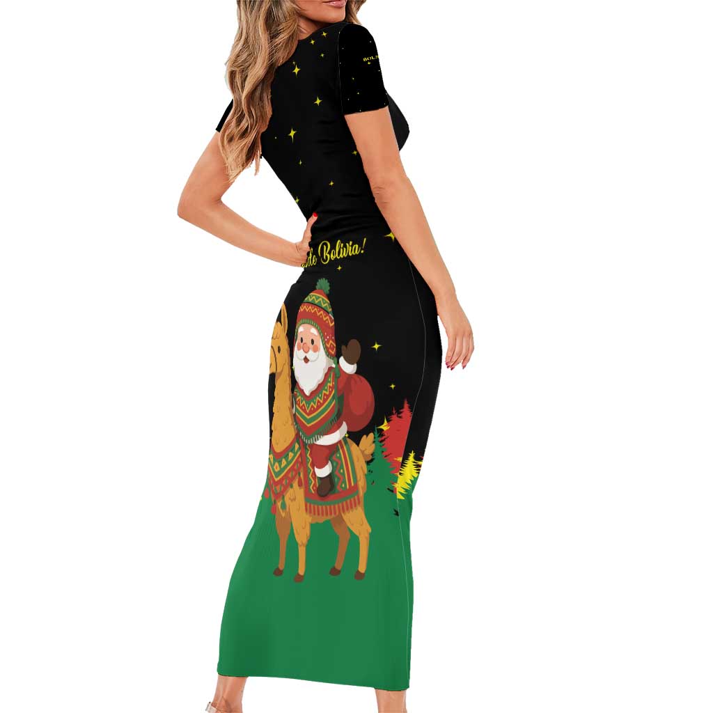Bolivia Christmas Short Sleeve Bodycon Dress with Santa Claus Llama Andean Outfit and Festive Tree Design - Wonder Print Shop