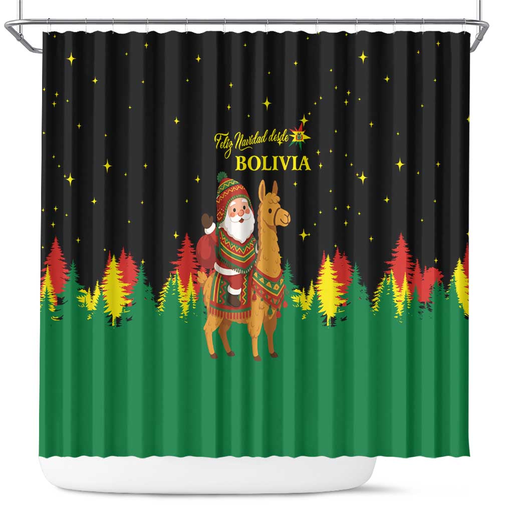 Bolivia Christmas Shower Curtain with Santa Claus Llama Andean Outfit and Festive Tree Design - Wonder Print Shop