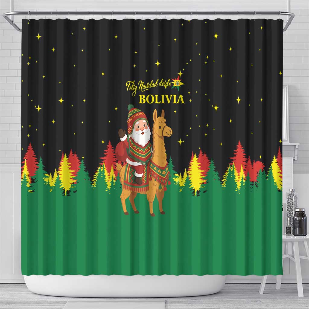 Bolivia Christmas Shower Curtain with Santa Claus Llama Andean Outfit and Festive Tree Design - Wonder Print Shop