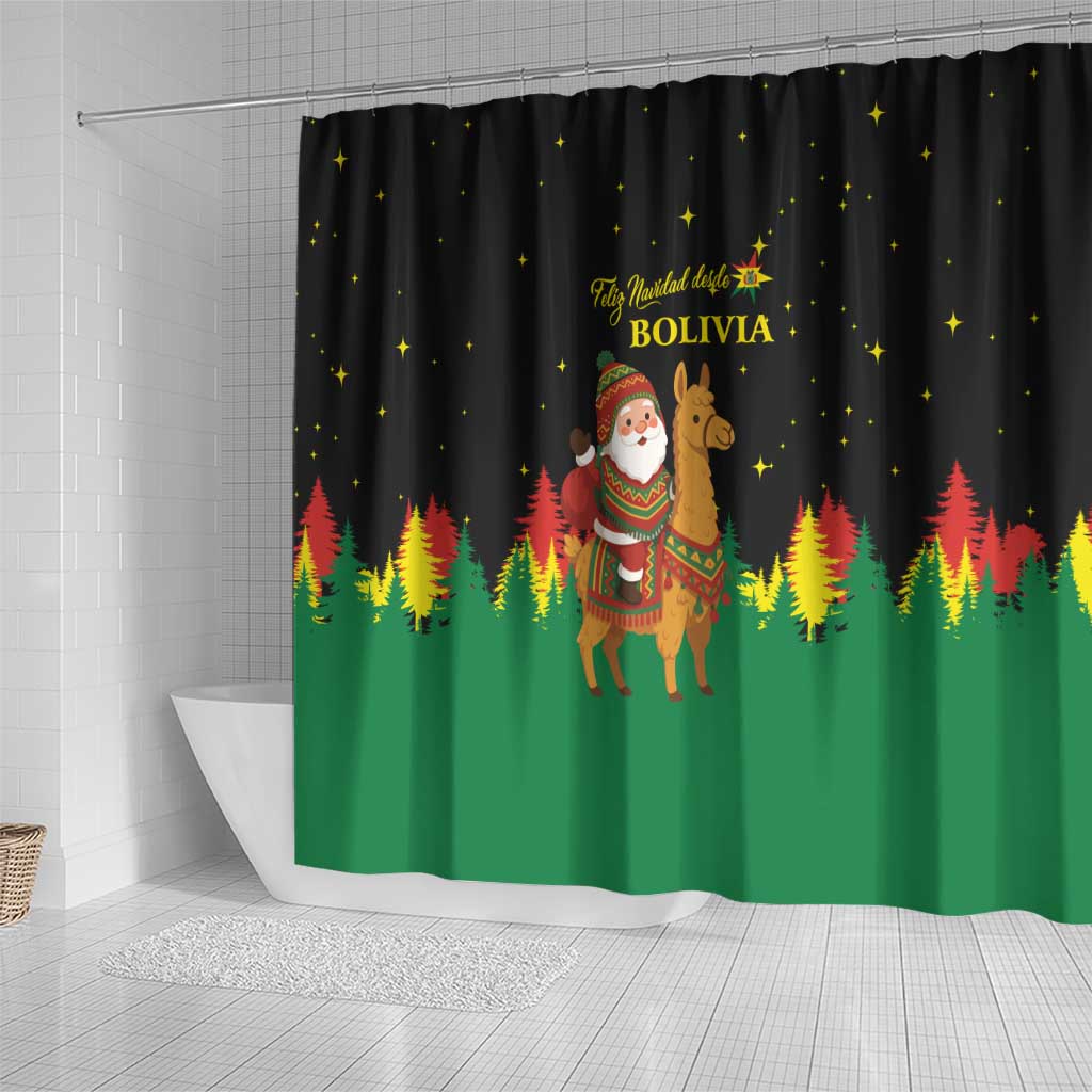 Bolivia Christmas Shower Curtain with Santa Claus Llama Andean Outfit and Festive Tree Design - Wonder Print Shop