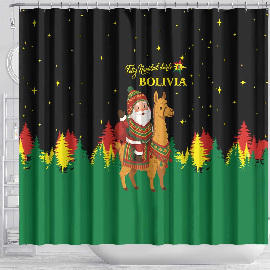 Bolivia Christmas Shower Curtain with Santa Claus Llama Andean Outfit and Festive Tree Design - Wonder Print Shop