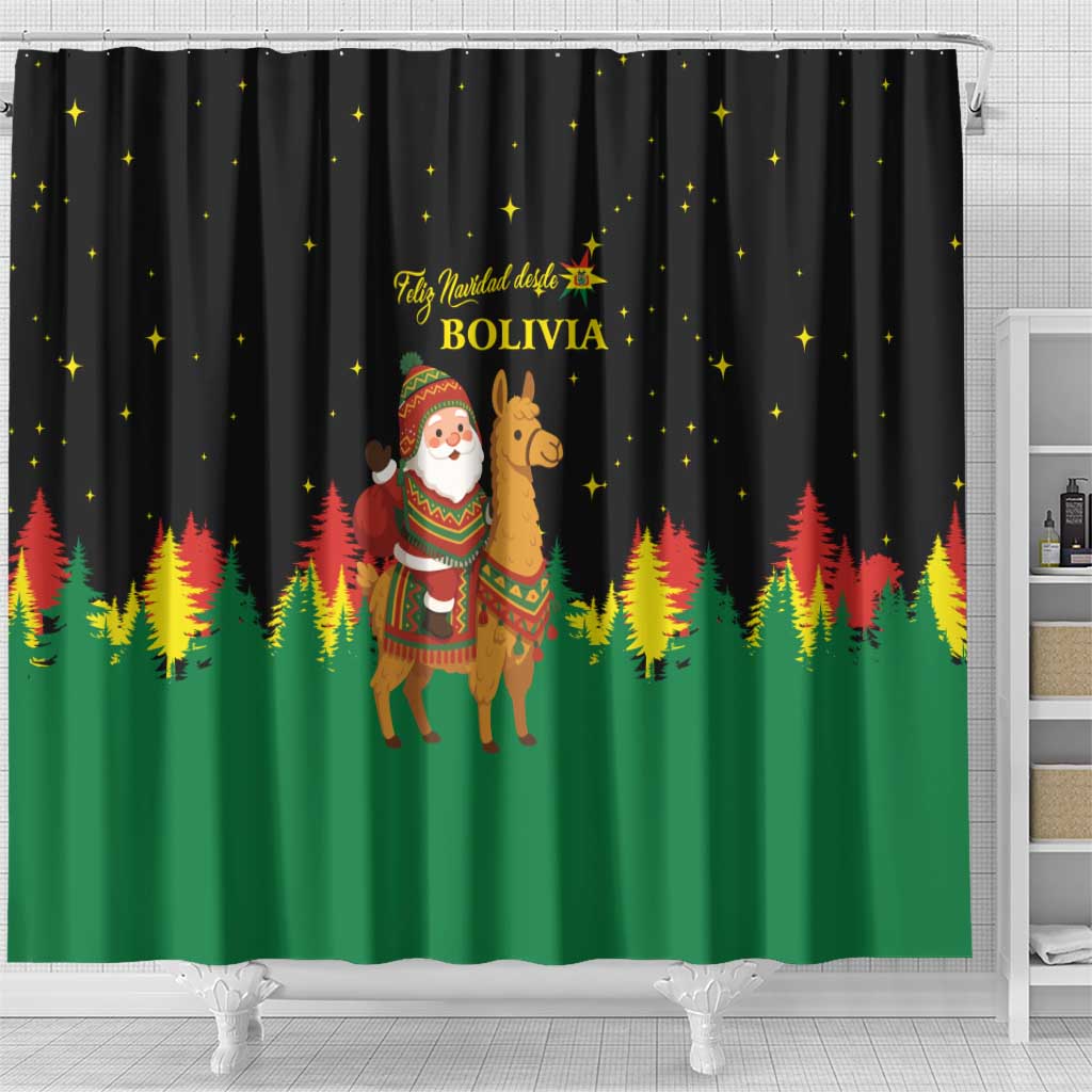 Bolivia Christmas Shower Curtain with Santa Claus Llama Andean Outfit and Festive Tree Design - Wonder Print Shop
