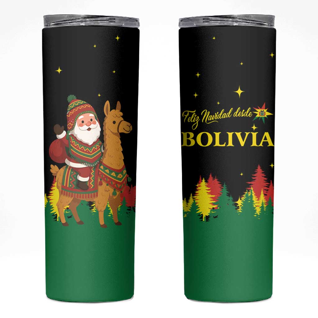 Bolivia Christmas Skinny Tumbler with Santa Claus Llama Andean Outfit and Festive Tree Design - Wonder Print Shop