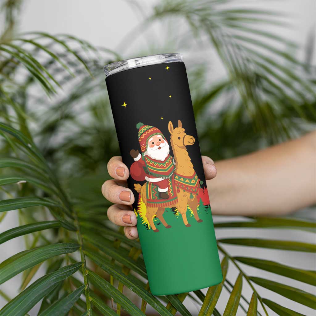 Bolivia Christmas Skinny Tumbler with Santa Claus Llama Andean Outfit and Festive Tree Design - Wonder Print Shop