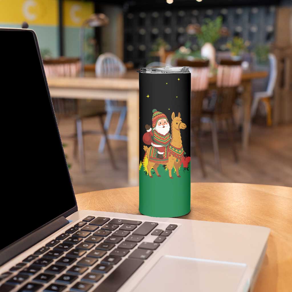 Bolivia Christmas Skinny Tumbler with Santa Claus Llama Andean Outfit and Festive Tree Design - Wonder Print Shop