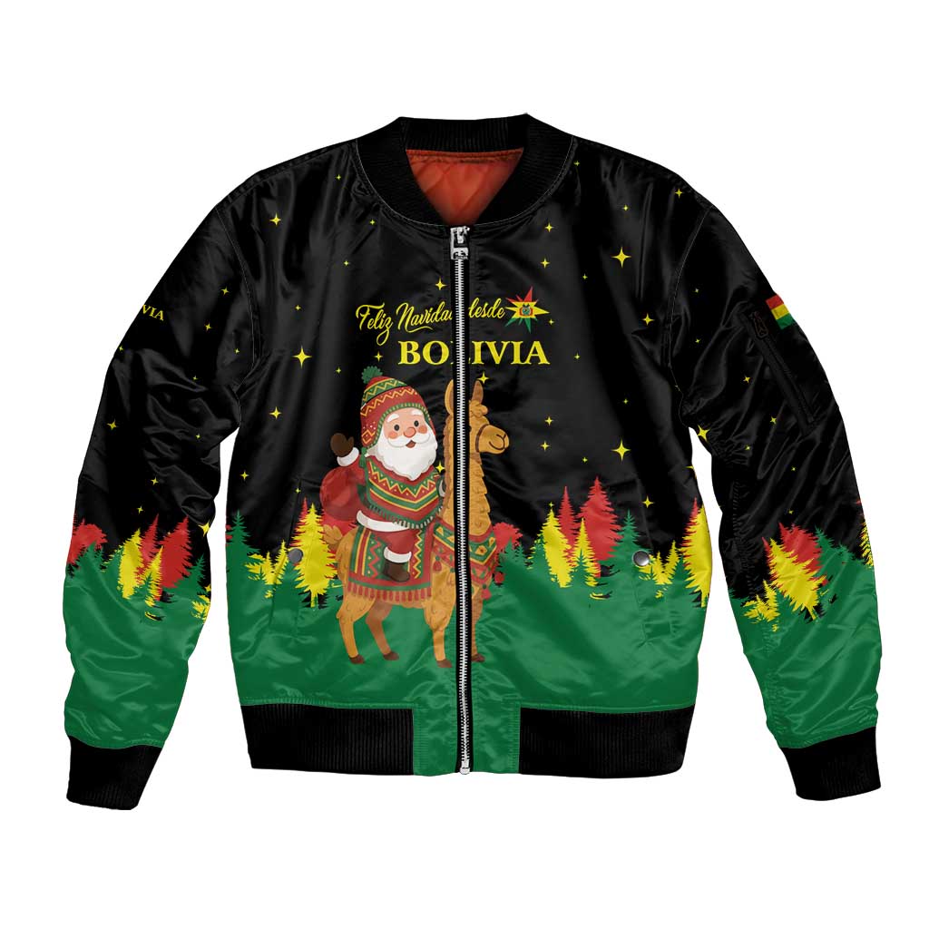 Bolivia Christmas Sleeve Zip Bomber Jacket with Santa Claus Llama Andean Outfit and Festive Tree Design - Wonder Print Shop