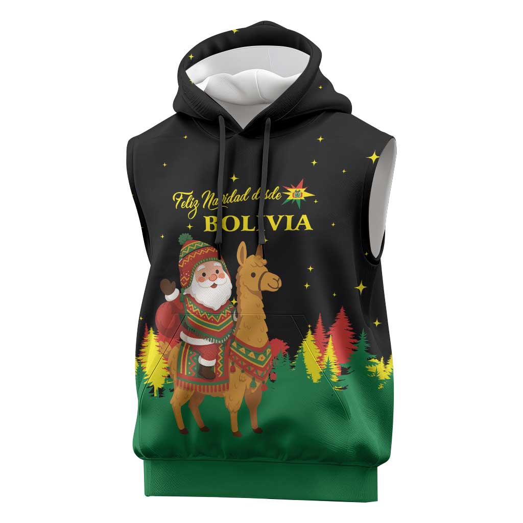 Bolivia Christmas Sleeveless Hoodie with Santa Claus Llama Andean Outfit and Festive Tree Design - Wonder Print Shop