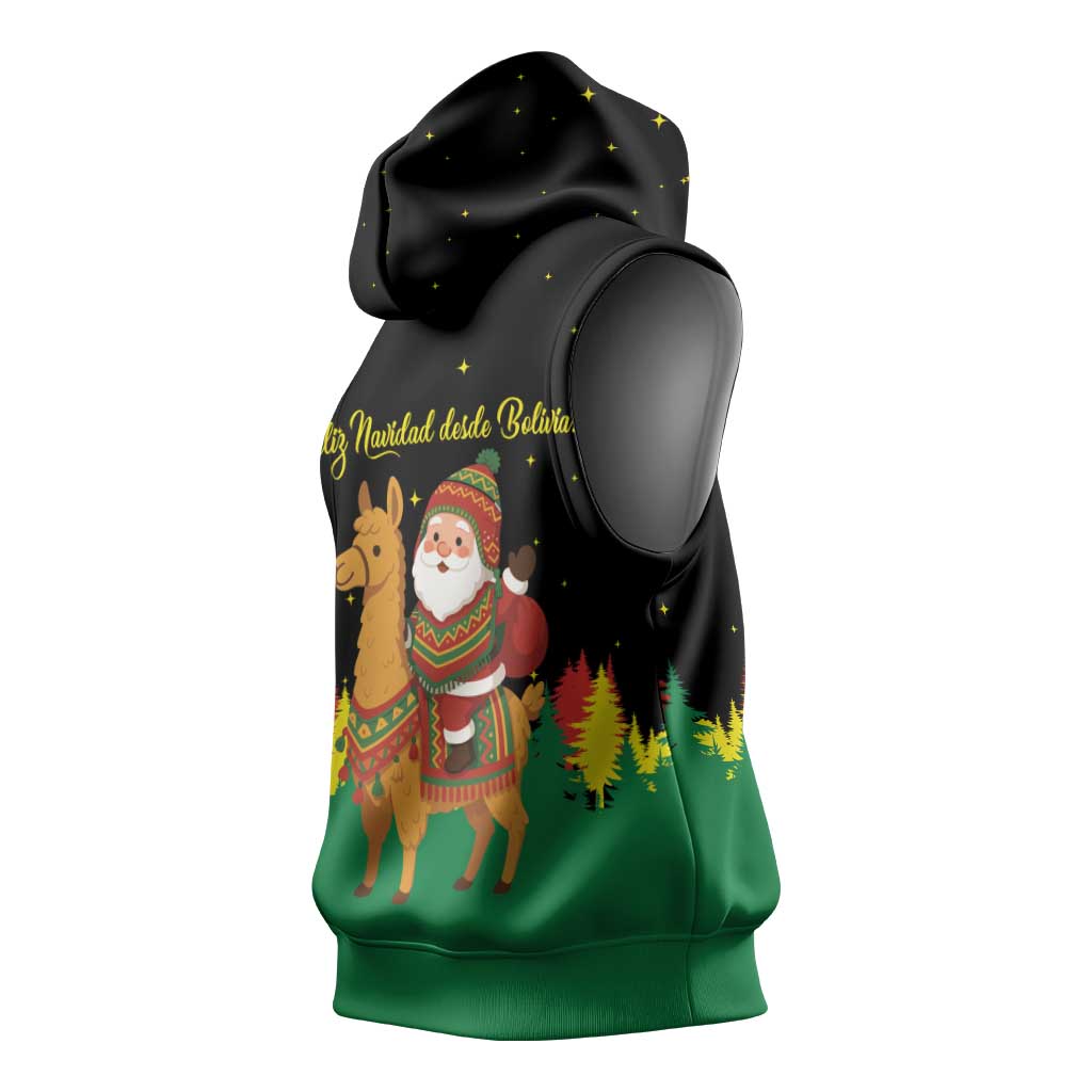 Bolivia Christmas Sleeveless Hoodie with Santa Claus Llama Andean Outfit and Festive Tree Design - Wonder Print Shop