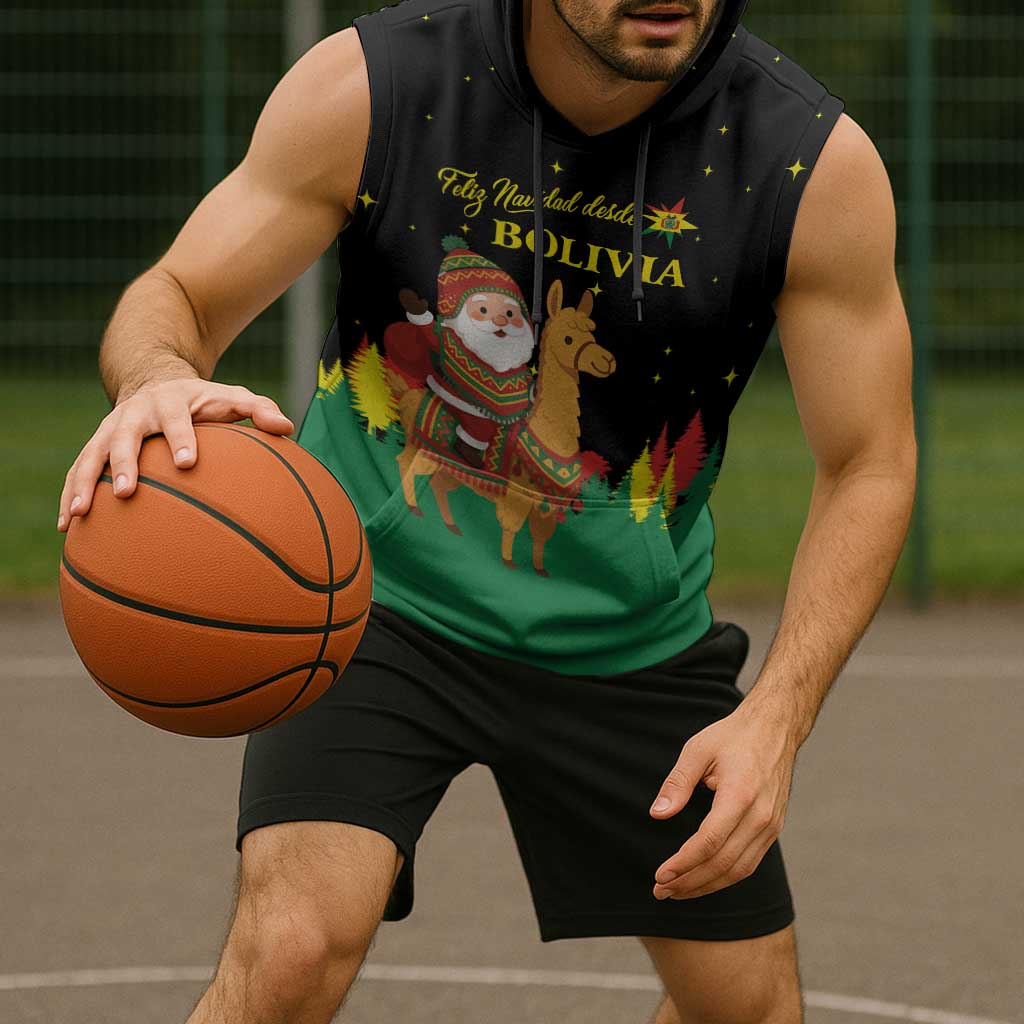Bolivia Christmas Sleeveless Hoodie with Santa Claus Llama Andean Outfit and Festive Tree Design - Wonder Print Shop
