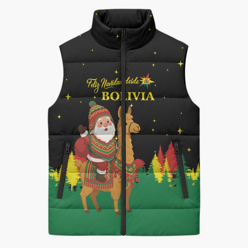 Bolivia Christmas Sleeveless Puffer Jacket with Santa Claus Llama Andean Outfit and Festive Tree Design - Wonder Print Shop