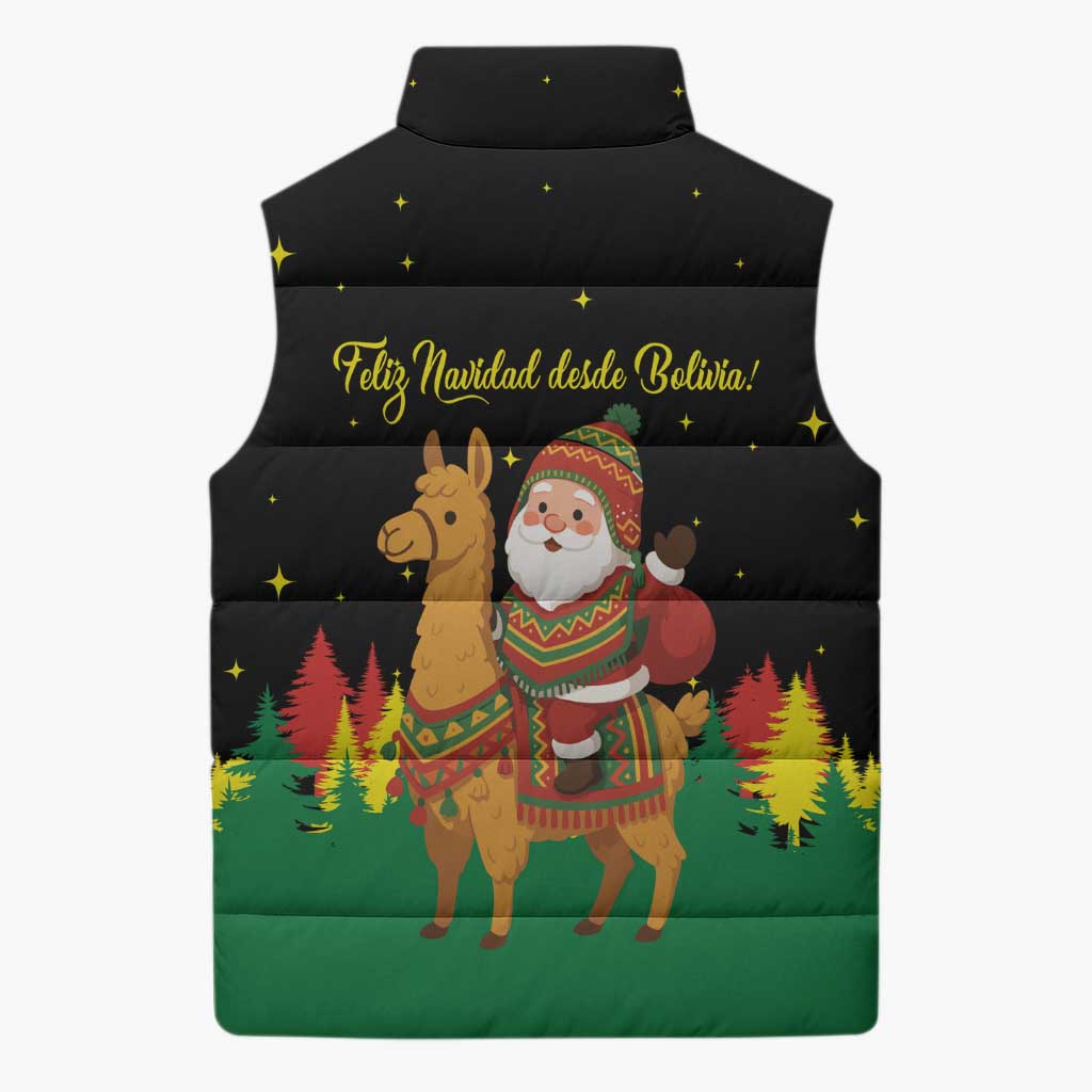Bolivia Christmas Sleeveless Puffer Jacket with Santa Claus Llama Andean Outfit and Festive Tree Design - Wonder Print Shop