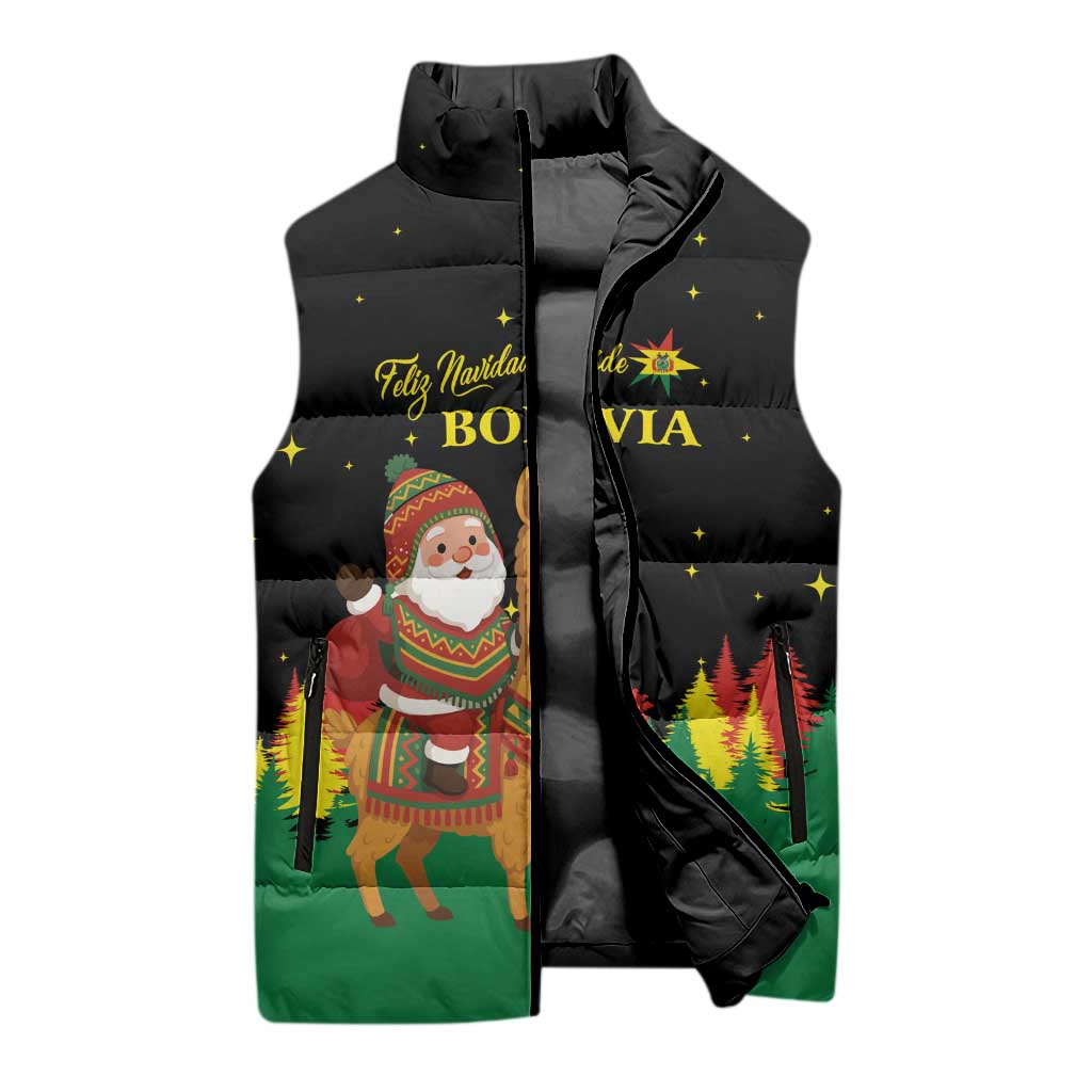Bolivia Christmas Sleeveless Puffer Jacket with Santa Claus Llama Andean Outfit and Festive Tree Design - Wonder Print Shop