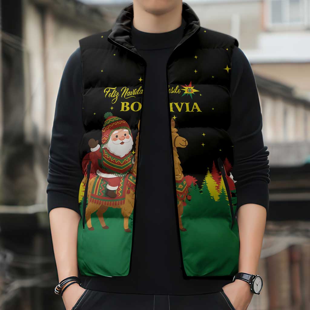 Bolivia Christmas Sleeveless Puffer Jacket with Santa Claus Llama Andean Outfit and Festive Tree Design - Wonder Print Shop