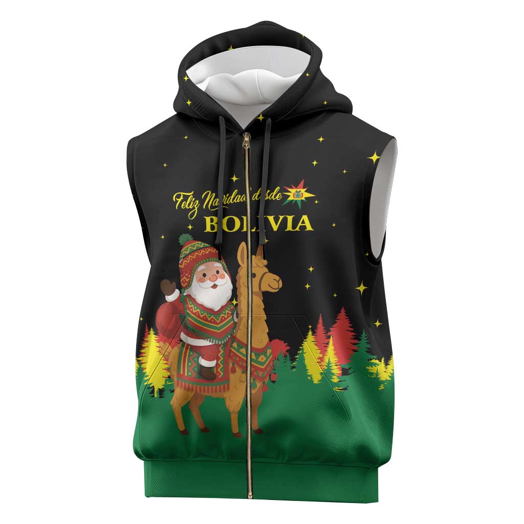 Bolivia Christmas Sleeveless Zip Hoodie with Santa Claus Llama Andean Outfit and Festive Tree Design - Wonder Print Shop