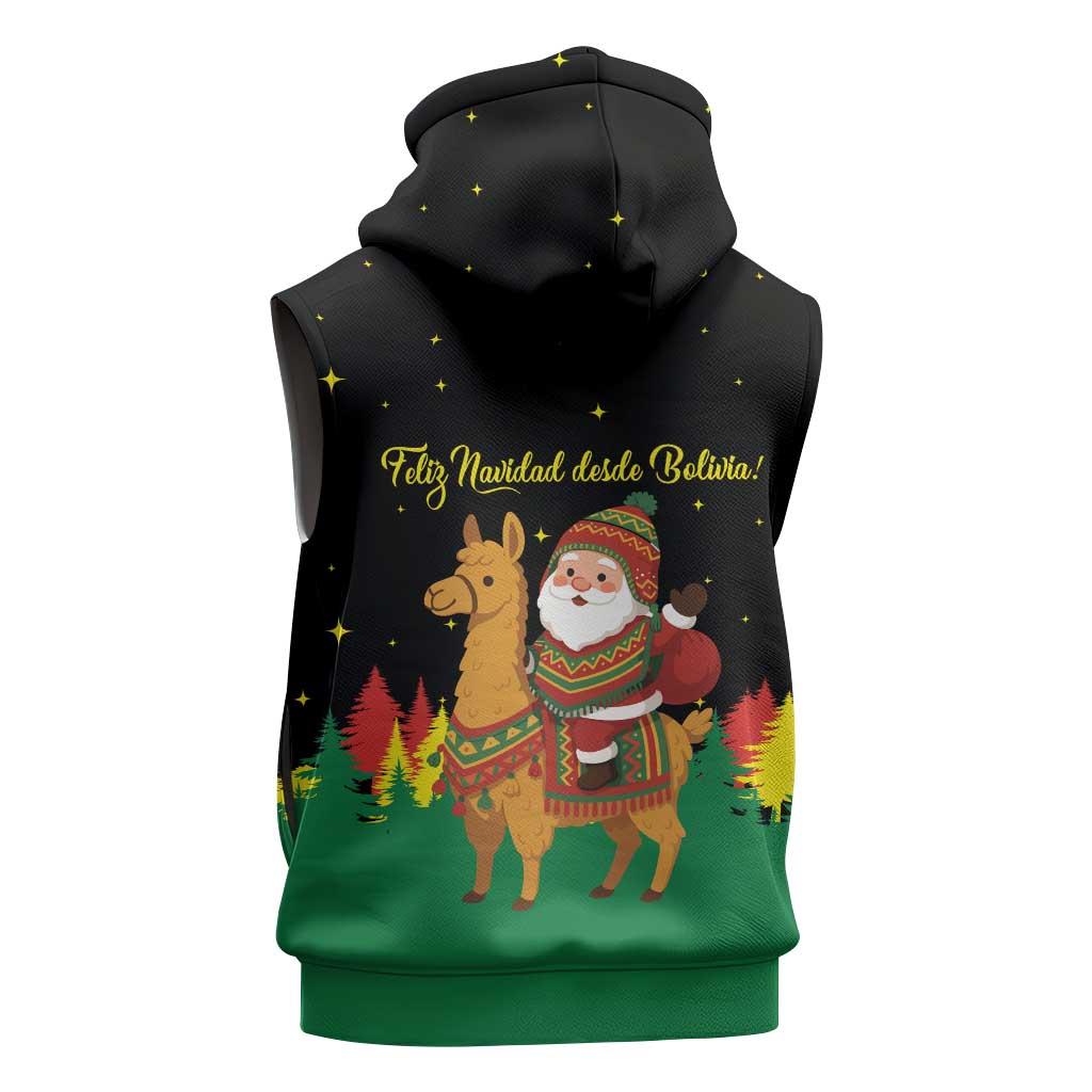 Bolivia Christmas Sleeveless Zip Hoodie with Santa Claus Llama Andean Outfit and Festive Tree Design - Wonder Print Shop