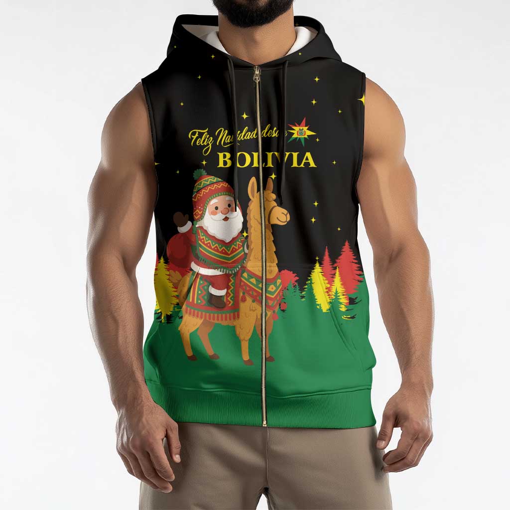Bolivia Christmas Sleeveless Zip Hoodie with Santa Claus Llama Andean Outfit and Festive Tree Design - Wonder Print Shop