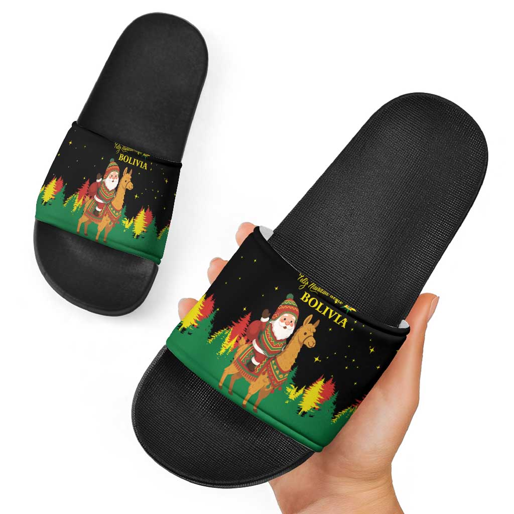 Bolivia Christmas Slide Sandals with Santa Claus Llama Andean Outfit and Festive Tree Design - Wonder Print Shop