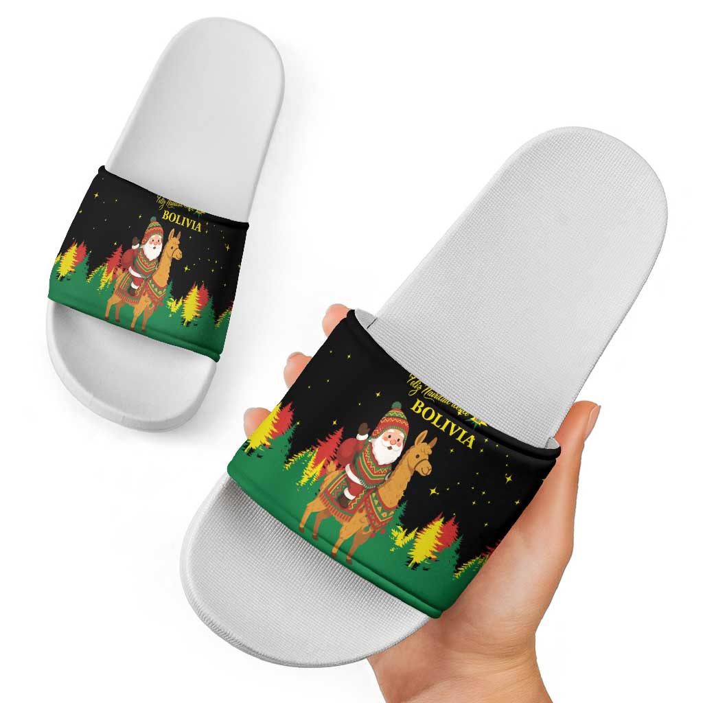Bolivia Christmas Slide Sandals with Santa Claus Llama Andean Outfit and Festive Tree Design - Wonder Print Shop