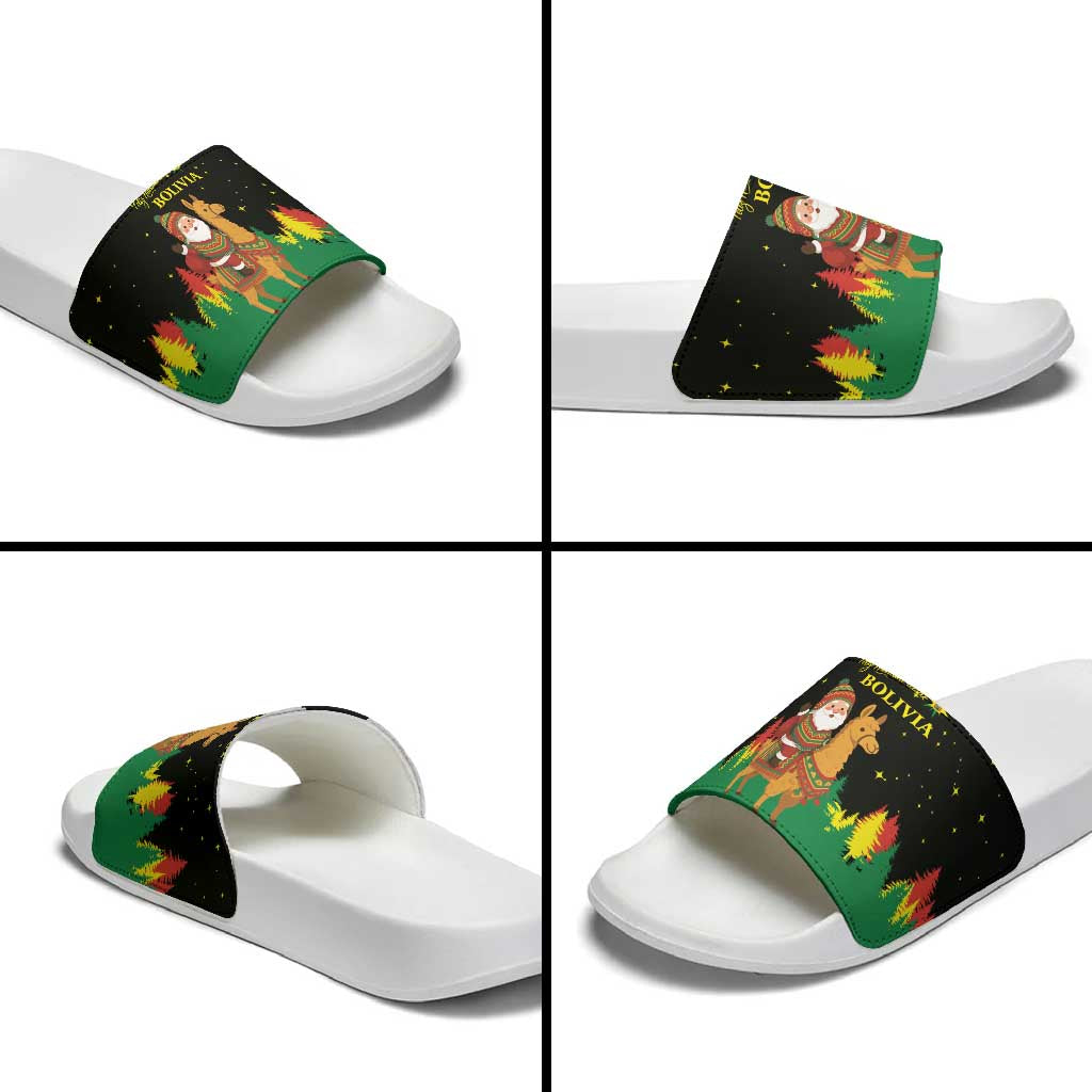 Bolivia Christmas Slide Sandals with Santa Claus Llama Andean Outfit and Festive Tree Design - Wonder Print Shop