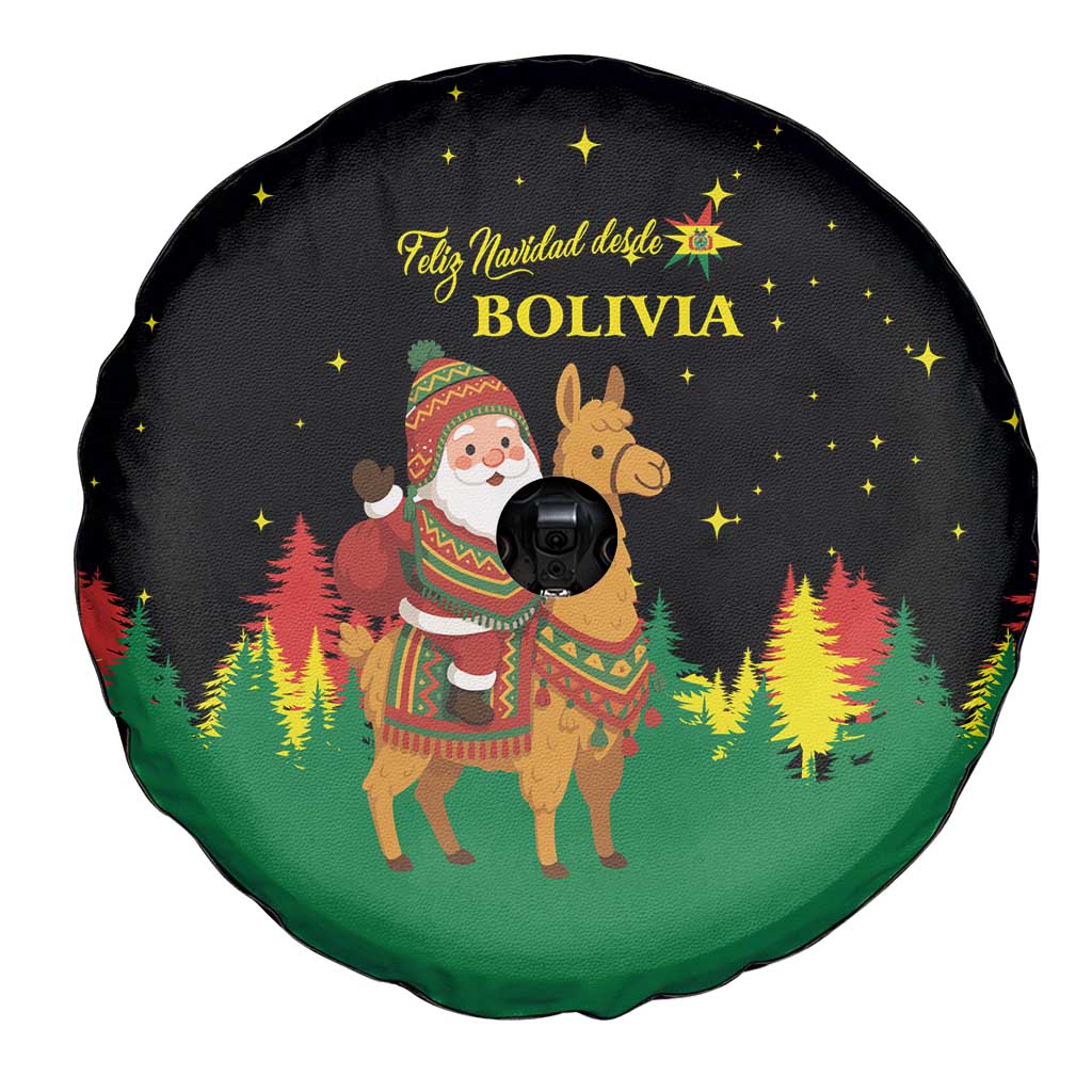 Bolivia Christmas Spare Tire Cover with Santa Claus Llama Andean Outfit and Festive Tree Design - Wonder Print Shop