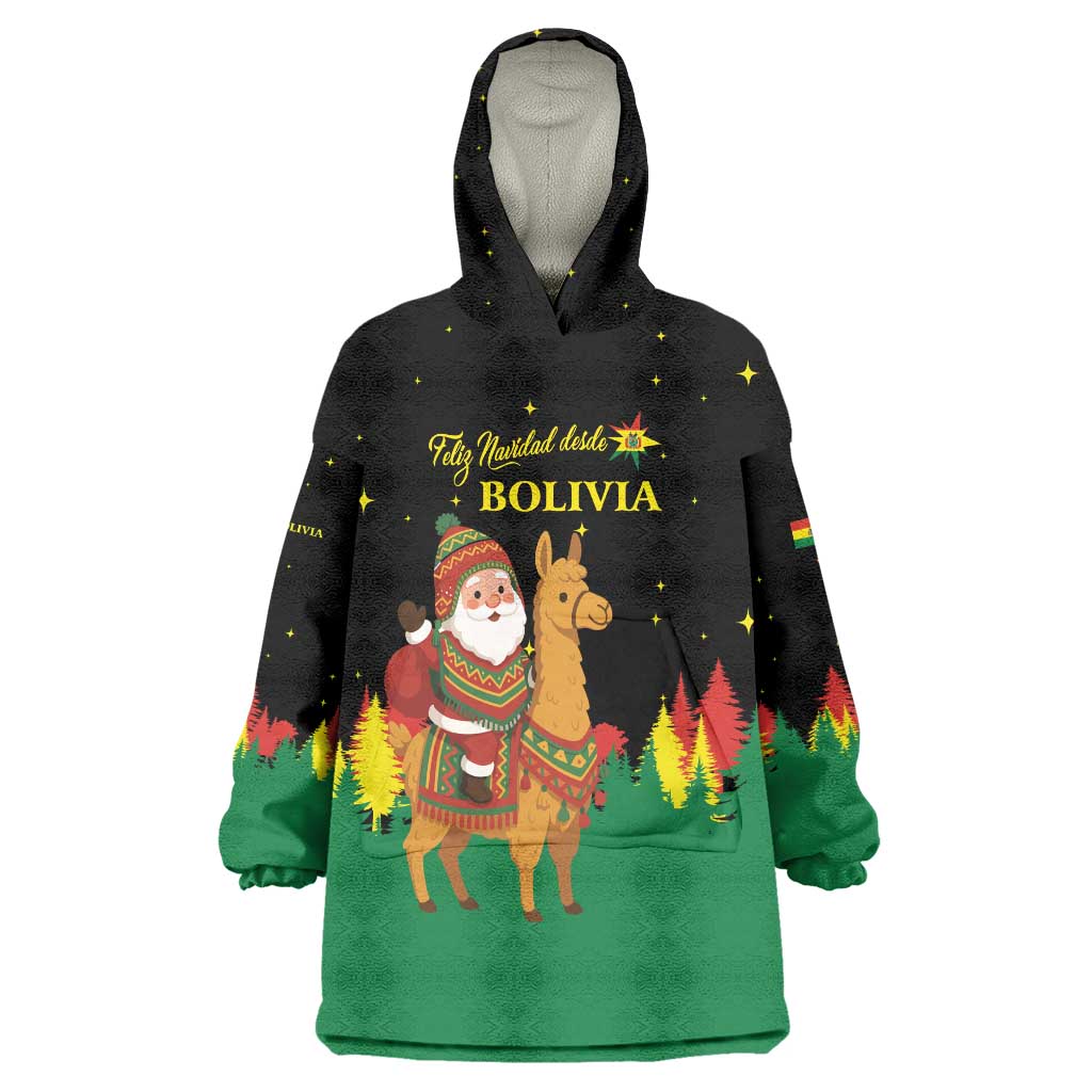 Bolivia Christmas Wearable Blanket Hoodie with Santa Claus Llama Andean Outfit and Festive Tree Design - Wonder Print Shop