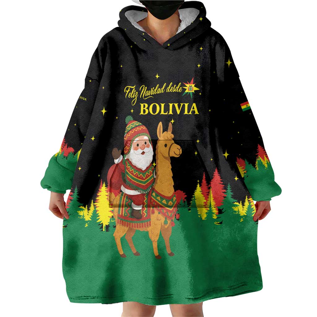 Bolivia Christmas Wearable Blanket Hoodie with Santa Claus Llama Andean Outfit and Festive Tree Design - Wonder Print Shop