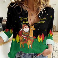 Bolivia Christmas Women Casual Shirt with Santa Claus Llama Andean Outfit and Festive Tree Design - Wonder Print Shop