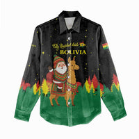 Bolivia Christmas Women Casual Shirt with Santa Claus Llama Andean Outfit and Festive Tree Design - Wonder Print Shop