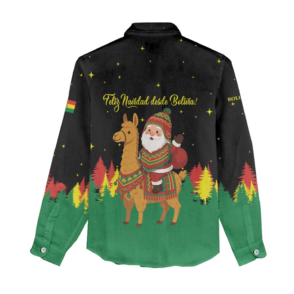 Bolivia Christmas Women Casual Shirt with Santa Claus Llama Andean Outfit and Festive Tree Design - Wonder Print Shop