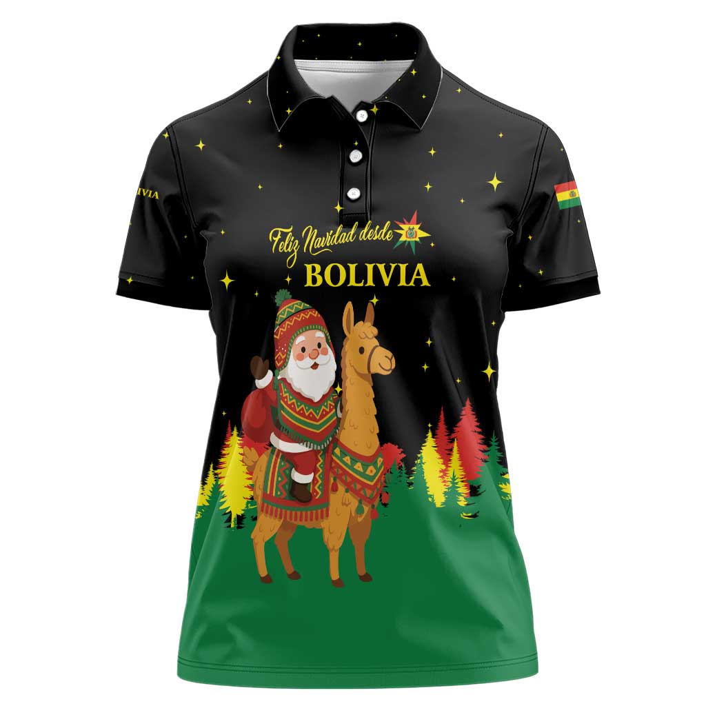 Bolivia Christmas Women Polo Shirt with Santa Claus Llama Andean Outfit and Festive Tree Design - Wonder Print Shop