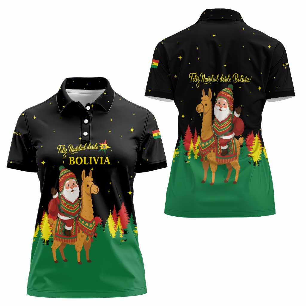Bolivia Christmas Women Polo Shirt with Santa Claus Llama Andean Outfit and Festive Tree Design - Wonder Print Shop