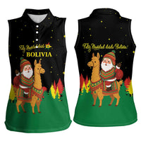 Bolivia Christmas Women Sleeveless Polo Shirt with Santa Claus Llama Andean Outfit and Festive Tree Design - Wonder Print Shop