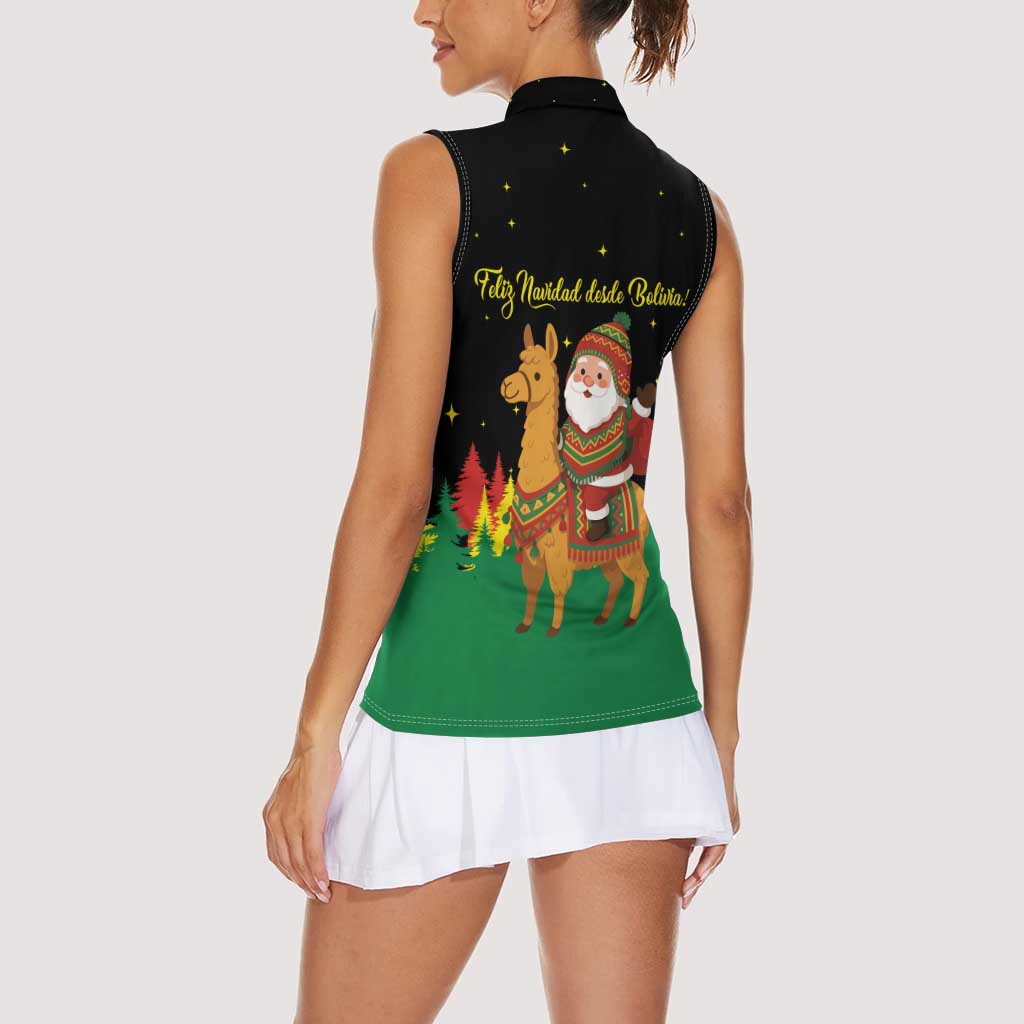 Bolivia Christmas Women Sleeveless Polo Shirt with Santa Claus Llama Andean Outfit and Festive Tree Design - Wonder Print Shop
