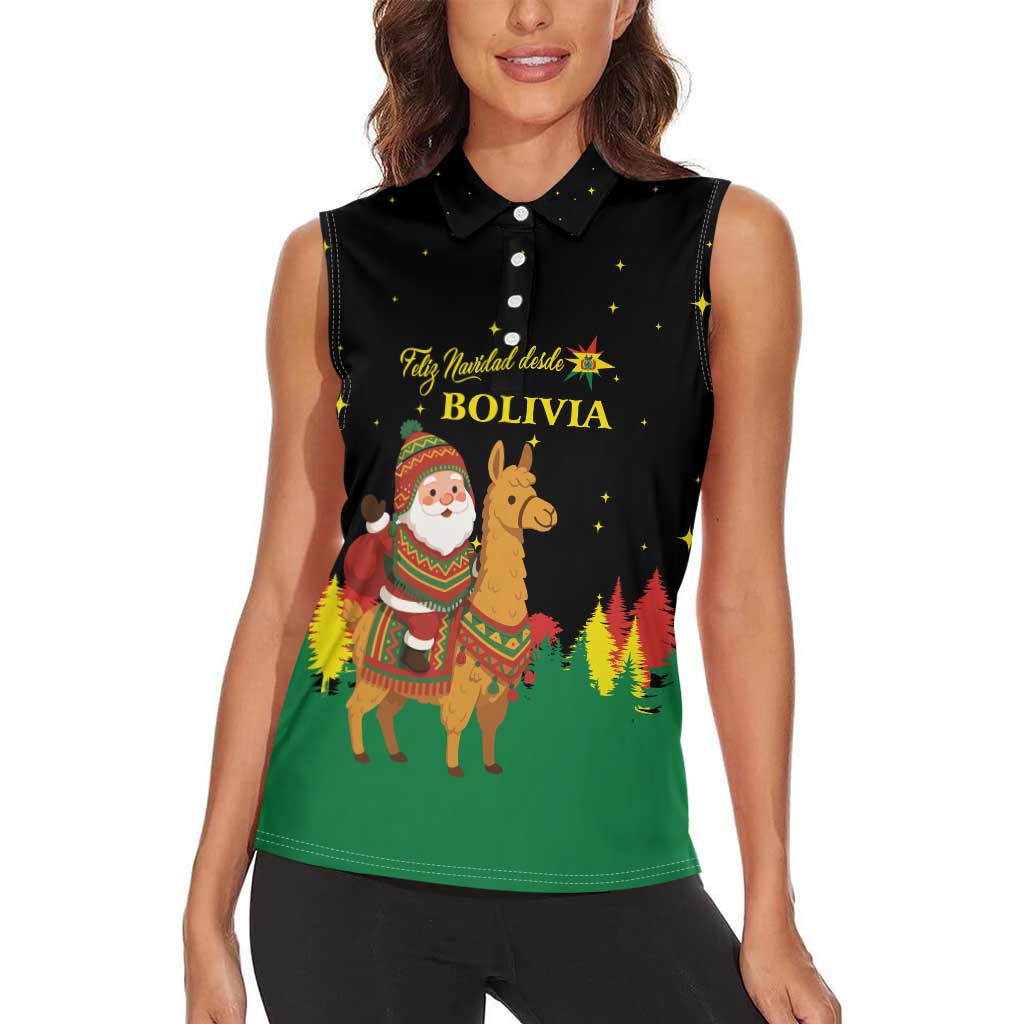 Bolivia Christmas Women Sleeveless Polo Shirt with Santa Claus Llama Andean Outfit and Festive Tree Design - Wonder Print Shop